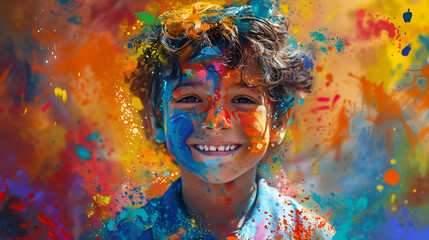 Celebration of Holi festival day colorful illustration of a little village boy, generative Ai