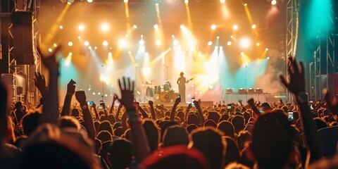 An outdoor music festival with a stage and cheering crowd, capturing the energetic and festive atmosphere of summer events