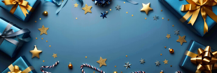 A blue christmas background with small golden stars and gift boxes decorations, Xmas banner design, Happy New Year, party invitation card template, winter holiday ,copy space