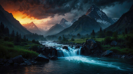Beautiful sunrise landscape with high mountain peaks next to small stream. Waterfalls. Dark mode colors. Generated AI - obrazy, fototapety, plakaty