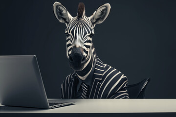 Fototapeta premium A zebra is sitting at a desk with a laptop in front of him