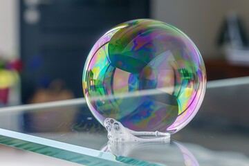 A macro shot of a soap bubble on a glass surface, showcasing a kaleidoscope of colors in its reflection, super realistic