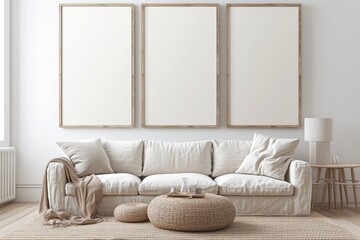 3 large thick white wooden picture frames hanging on the wall in a minimalist living room.