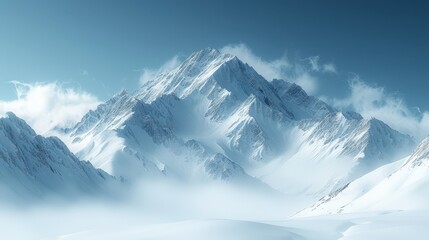 Obraz premium A mountain range, covered in snow, lies beneath a blue sky dotted with clouds in the foreground The background showcases a vast expanse of blue sky speckled with white clouds