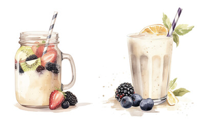 Refreshing watercolor fruit infused drinks - obrazy, fototapety, plakaty