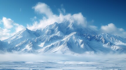 Fototapeta na wymiar A mountain range, blanketed in snow, lies beneath a clear blue sky Soft, white clouds populate both the foreground and background