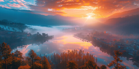 A breathtaking sunrise over the mist-covered lake, casting warm hues across the sky and illuminating trees on both sides. The fog hovering over the village is being beautifully illuminated  at sunset,