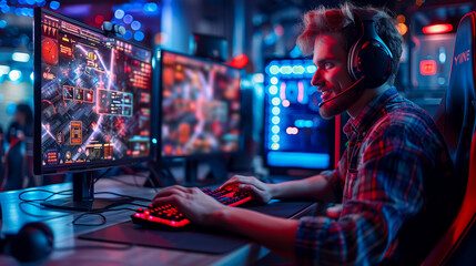 Focused gamer with headphones intensely playing a video game with neon-lit screens around - obrazy, fototapety, plakaty