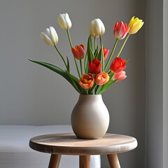 Tulips blooming in a vase placed on a minimalist room