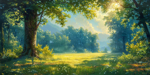 A green meadow under the bright blue sky, with trees shadows, green spring nature landscape background at sunny day	

