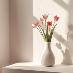 Tulips blooming in a vase placed on a minimalist room
