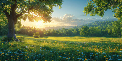 A green meadow under the bright blue sky, with trees shadows, green spring nature landscape background at sunny day	
