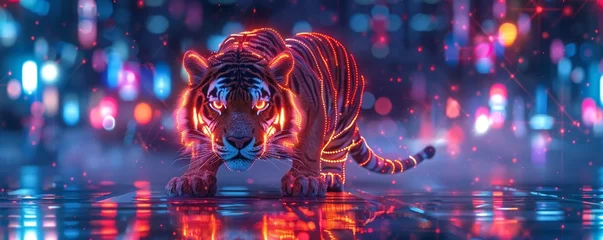 Fototapete Digital neon tiger, futuristic cyberpunk scenes, urban environment, bright colors, vibrant energy, 3D render, glowing neon lights, bokeh effect © HADAPI