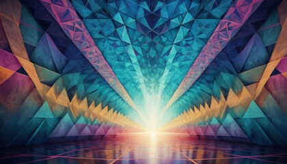 A dazzling corridor of geometric shapes with a radiant light at the end evokes a sense of futuristic passage.. AI Generation