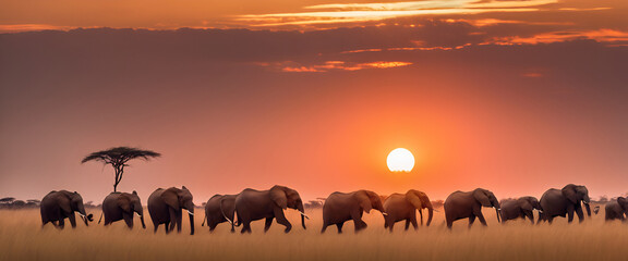 Fototapeta na wymiar A group of elephants walking across a field at sunset, panoramic view. Generative AI