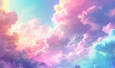 Deurstickers   A sky teeming with numerous clouds, sporting a rainbow hue in its midst, encircled by stars nestled within the cloud masses © Mikus