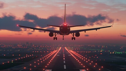 an attention-grabbing AI-generated image of an airplane's landing, leveraging post-production edits to enhance the lighting, shadows, and overall visual impact attractive look