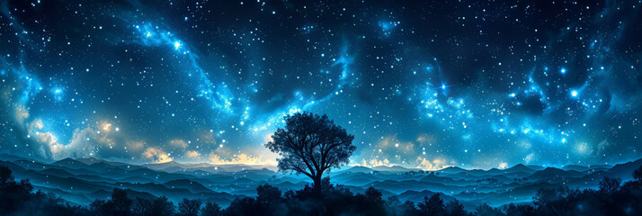 A clear night sky with stars and the silhouette of trees,beautiful night forest, A dark blue sky with stars above the silhouette of trees at night ,banner - obrazy, fototapety, plakaty