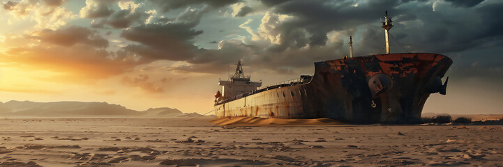 cargo ship stranded in the desert - obrazy, fototapety, plakaty
