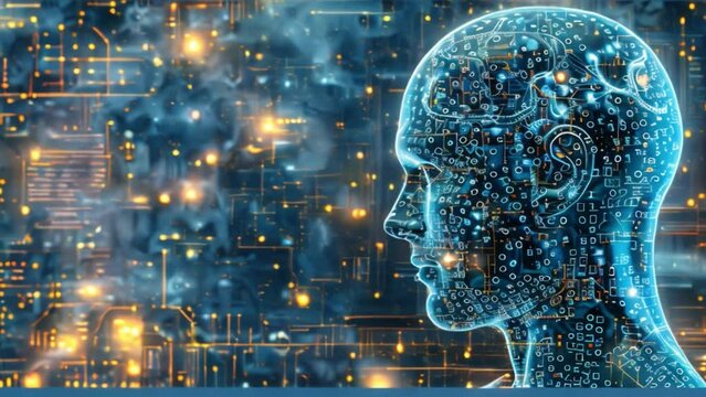 A robot appearance with complex algorithms and code displayed on screen overlaid with circuitry patterns with machine learning evolution from basic algorithms to advanced computers.	