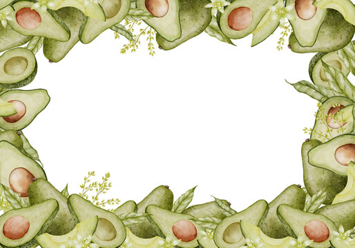 Avocado rectangular Frame. Watercolor Background with copy space. Hand drawn isolated food illustration. Painting of Border with vegetable plant. Drawing of vegetarian fruit for menu design.