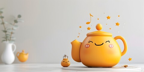 A delightful tea kettle character with a cheerful expression whistling melodious tunes creating a sense of tranquility - obrazy, fototapety, plakaty