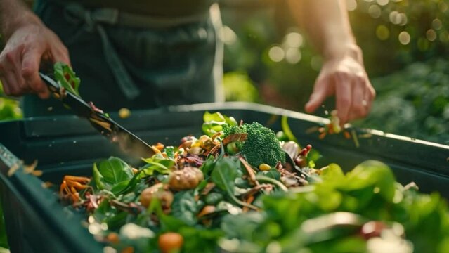 Food scraps, such as vegetables, fruits, and eggshells, are thrown into the compost bin to separate and make bio-fertilizer for the kitchen or garden.	