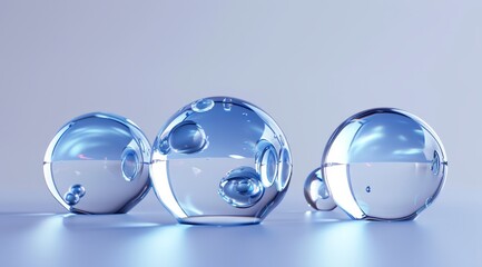   Three glass balls atop a white counter, facing a light gray wall and illuminated by nearby light