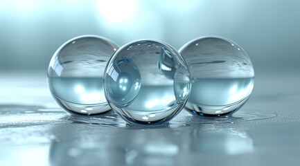   Three glass balls atop a white table Nearby, a blue and white wall and floor
