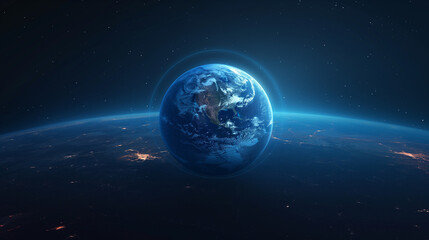 Dark blue vector background. Planet Earth. Abstract technological rings in the orbit of the planet. Global communication system and communication satellites. Religious image. The effect of movement.