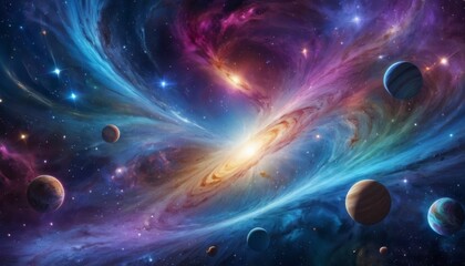 A mesmerizing image of a galaxy with swirling colors and planets, capturing the vastness of space.. AI Generation