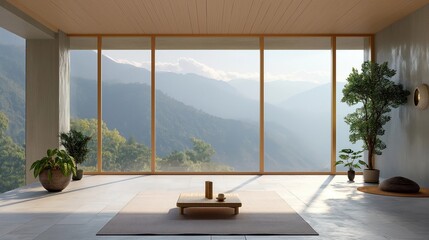 illustration of a minimalist yoga studio with panoramic windows overlooking mountains, serene selfcare scene