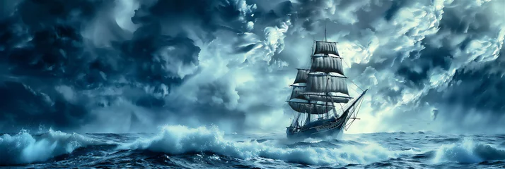 Fotobehang sailing ship in the middle of the sea when it is cloudy and lightning © Syukra