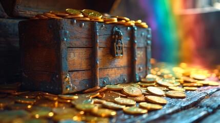   A wooden table holds a mound of gold coins, nearby rests a chest Rainbow backdrops background