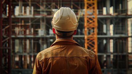 An engineer inspecting the structural integrity of a newly erected building, his hard hat a testament to the dangers of the job  - obrazy, fototapety, plakaty