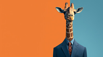 A giraffe wearing a suit and tie is the main focus of the image. The orange background and blue suit create a sense of contrast and make the giraffe stand out. The image conveys a playful - obrazy, fototapety, plakaty