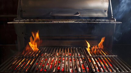 Empty Barbecue Grill with Intense Flames and Smoke on a Dark Background