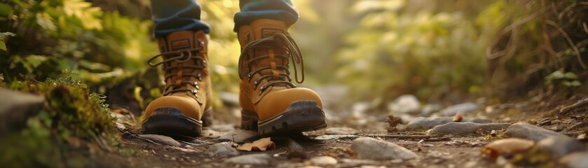 a pair of hiking boots on a natural path, promoting sustainable travel through walking - obrazy, fototapety, plakaty