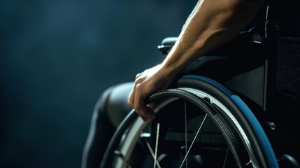 a wheelchair athletes hand gripping a racing wheel, strength and persistence, minimalist backdrop