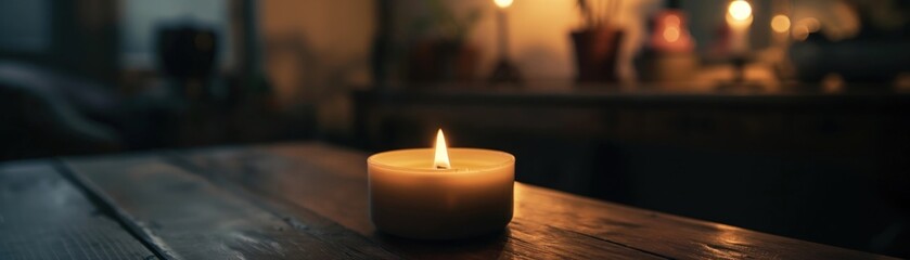 Closeup, a single candle flickering in a dim room, contemplative moments of solitude, minimalist setting - obrazy, fototapety, plakaty