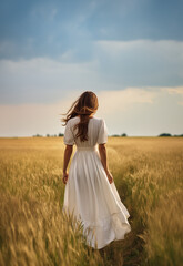 Fototapeta na wymiar Historical representation of a pretty young pioneer mennonite woman with long hair and white dress. Back view. Vibrant cinematic field background. Old west, wild west. Blue sky and dry wheat field. 