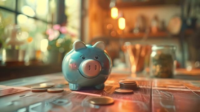 A pig piggy bank placed on a wooden table surrounded by coins with investment concept and green natural savings in a jar for retirement income. Blurred background.	