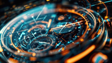 Close-up on a digital watch face morphing into a virtual interface, time and technology fusion - obrazy, fototapety, plakaty