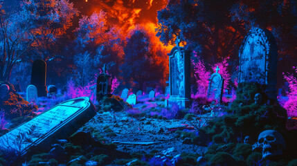 Neon Glow Digital Art of a Mystical Cemetery with Vivid Night Sky and Luminous Flora