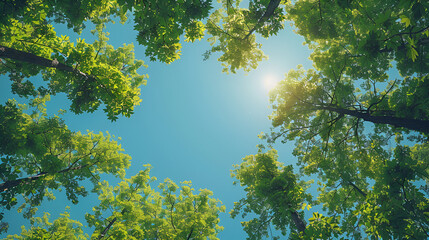 Clear blue sky and green trees are seen from below, generative Ai