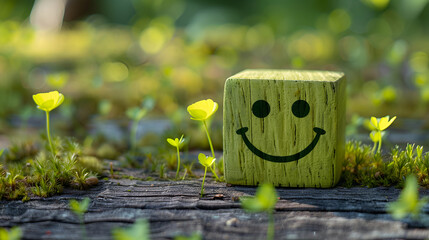 smile face on green wood cube,  satisfaction and emotion concept, ranking, customer review, Generative Ai - obrazy, fototapety, plakaty