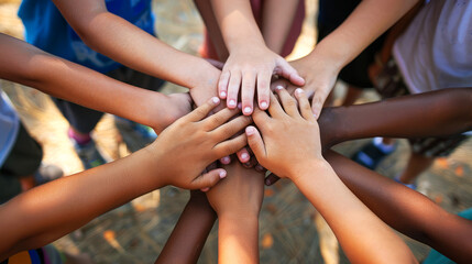 Diverse group of children joining hands together in a gesture of unity and teamwork