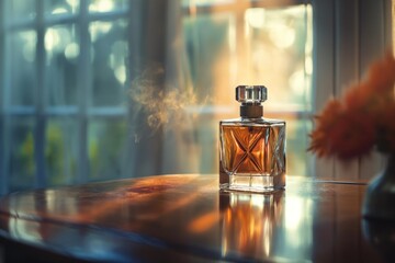 highend perfume bottle amidst soft light, essence of luxury, simple setting
