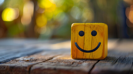 smile face on yellow wood cube,  satisfaction and emotion concept, ranking, customer review, Generative Ai - obrazy, fototapety, plakaty