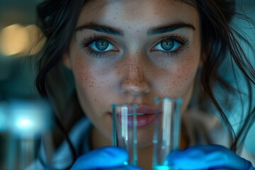 A closeup of a happy woman with electric blue eyelashes and black hair smiling while holding two test tubes filled with fluids